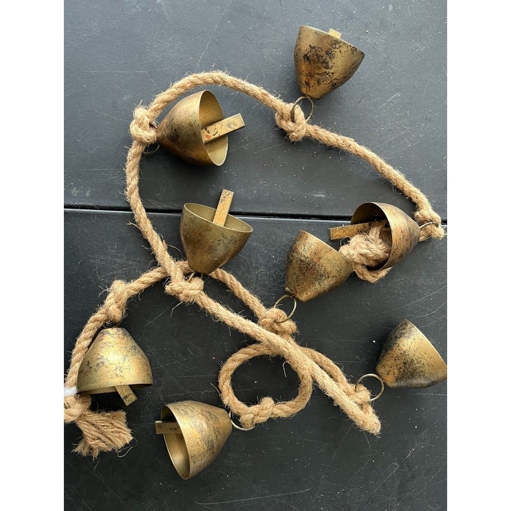 Metal Bronze Bell Garland Jute Rope Festive Holiday Modern Farmhouse Country 90s